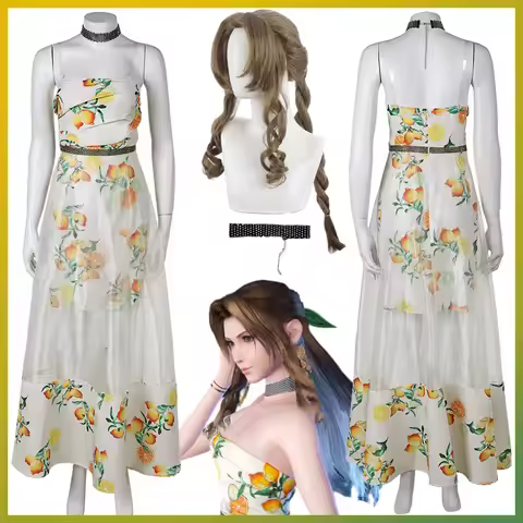 Disguise FF7 Aerith Cosplay Citrus Printed Dress Anime Game Final Roleplay VII Fantasy Costume Women