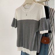 Knitted Short Sleeve Ice Silk Stripe Pullover - R2NU