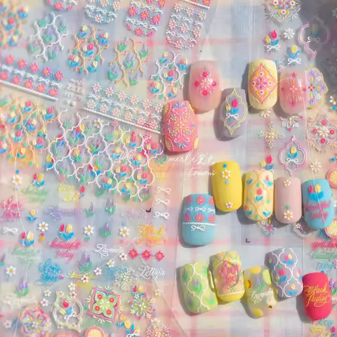 Chic Lavender Tulip Flower Bowknot Totem Center Symmetric Pattern Daisy Line Gird Self Adhesive Nail