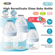 Dr.isla High Borosilicate Glass Baby Bottle Anti-Colic Wide Neck 600°C Heat Resistant BPA Free 80/16