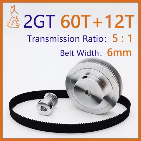 60Teeth 12Teeth 2GT Timing Pulley Set Reduction 5:1 Belt Width 6mm 3D Printer Pulley 2M Synchronous 