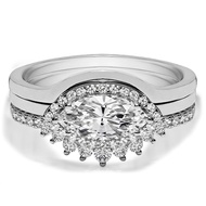 TwoBirch 18k White Gold Microplated East West Marquise Three Ring Bridal Set with Plain Contour Band