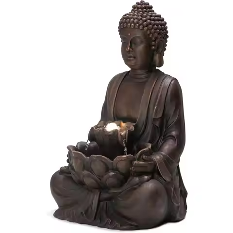 H Zen Style Meditating Buddha Water Fountain Statue with Pump and LED Light, 2 Tier Waterfalls Resin