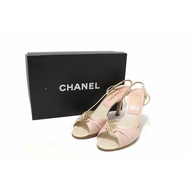 Authentic Chanel Vintage Pink/White Leather Slingback Sandal Heel Shoes Size 37