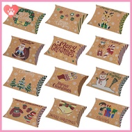 Amostlycute 60pcs Christmas Pillow Boxes 12 Patterns Christmas Kraft Paper Gift Boxes Gift Card Holders Christmas Party