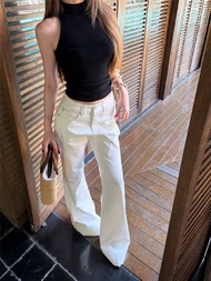 實拍！氣質半高領無袖顯瘦背心女修身百搭板正白色直筒牛仔拖地褲-6818#上衣 S