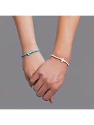 2 piezas Minimalista Pulsera de piedra turquesa artificial en forma de cruz con cuentas, uso diario de vacaciones de parejas unisex