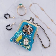 迷你珠飾刺繡口金包 No.96 矢車菊藍 × 紗布 可作項鍊包包吊飾 飾品收納盒
