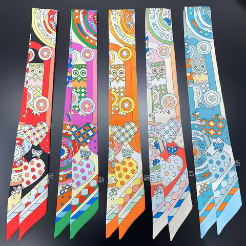 2024 Brand New Design Owl Scarf Women Luxury Silk Scarf Fashion Hair Headband Foulard Skinny Bag Sca