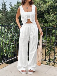 SHEIN EZwear 90年代風格白色鈕扣前馬甲西裝外套和寬腿套裝褲，適用於夏天