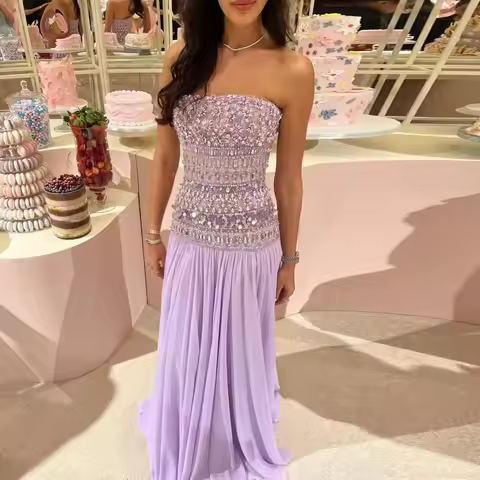Sharon Said sparkling Lilac Beaded Pleated Chiffon Evening Dress with Flowing scarf Dubai Wedding Pa