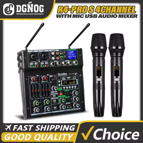 4 Channel Karaoke Audio Mixer with Dual UHF Wireless Microphone USB Bluetooth DJ Mixer for Party Com