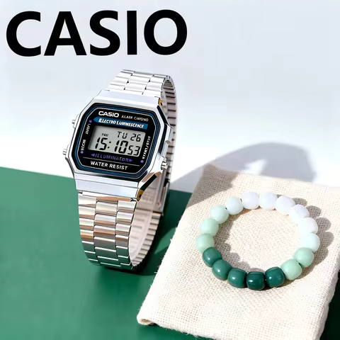Classic Casio A168WA-1W Vintage Square Digital Watch For Men Women, Stainless Steel Band LED Illumin