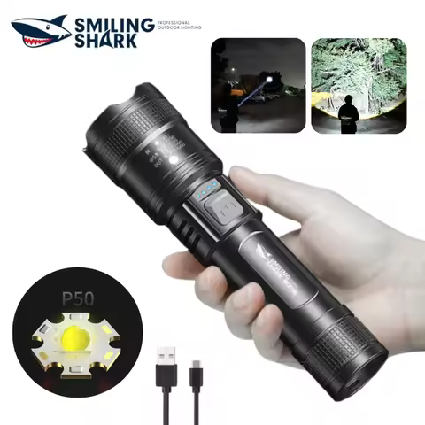Smiling Shark SD1029 Zoomable Flashlight, P50 USB Rechargeable Torchlight, ABS Plastic Torch, for Da