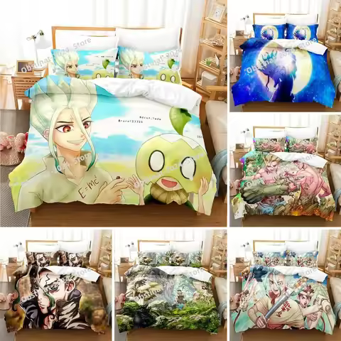 3D Printed Anime Dr Stone Bedding Set Cartoon Duvet Cover Double Twin Full Queen King Adult Kids Bed