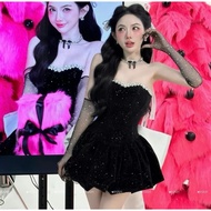 [ BIGSIZE FAT BEAUTIFUL ] BLING CUP GLITTER VELVET DRESS WITH STONE EDGE FORM 60-90KG