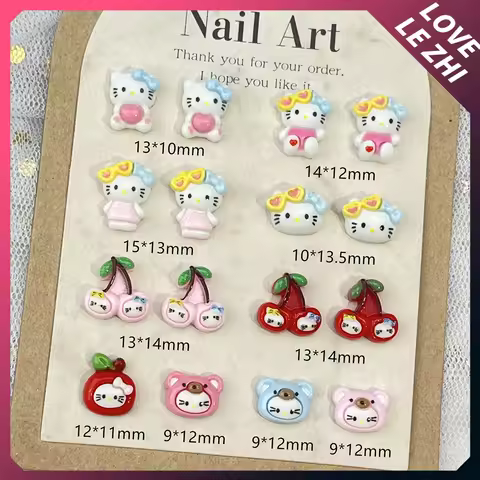 20Pcs Hello Kitty Nails Charm Party Stickers Holiday Sunglasses Cherry Apple Kitty Cat Cartoon Nail 
