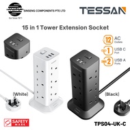 Tessan TPS04-C Extension Tower 12 Ways Socket Outlet Tower Plug 2 USB-A And USB-C Port with Safety M