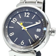 二手LOUIS VUITTONTambour Q1311 手錶，已更換電池，不銹鋼石英機芯，ブラウン錶盤和銀色錶帶。