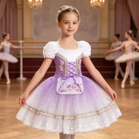 Girls Professional Romantic Tutu Giselle & Swan Lake Ballet Dress for Stage Performance A-Line Gauze