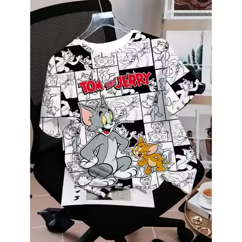 TOM & JERRY X SHEIN Men & Women Casual Cartoon Black & White Comics Plaid English Alphabet 3D Patter