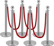 Silver Stanchions 6 Pack and Red Carpet Ropes, Crowd Line Barriers Stanchions Posts, Fillable Plasti