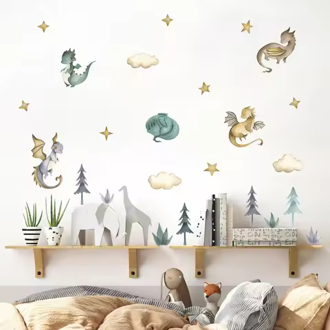 Cartoon Dragon Animals Clouds Stars Watercolor Nursery Wall Sticker Removable Vinyl Wall Decals Mura