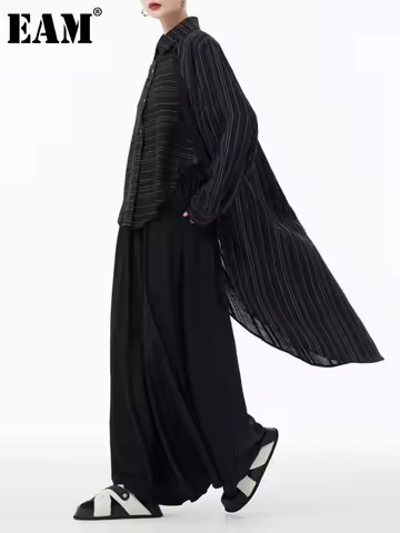 EAM Women Black Striped Back Long Big Size Irregular Blouse New Lapel Long Sleeve Shirt Fashion Spri