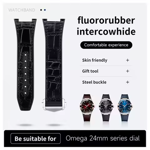 Watch Band Fluororubber 24x14mm Back Italy Genuine Leather Surface For Omega Strap 39/41mm Constella