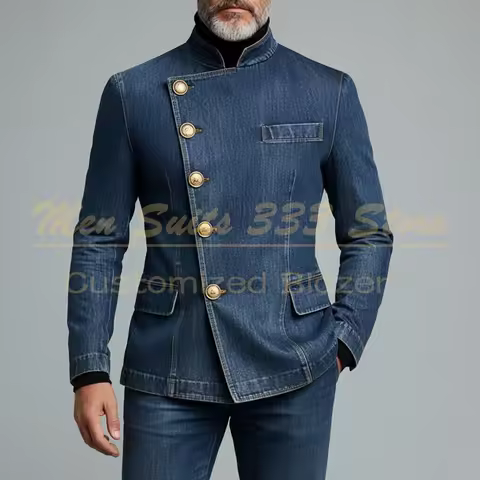 Luxury Demin Men's Suits Fashion Single Breasted Stand Lapel Slim Fit 2 Piece Jacket Pants Sets High