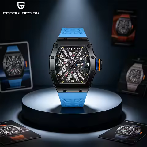 PAGANI DESIGN Men's Automatic Mechanical Watch Japan VH65 42mm Tonneau Skeleton Dial Synthetic Sapph