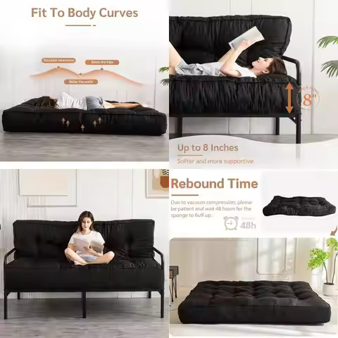 Full Size 8 Thick Futon Mattress, Sofa Bed Floor Mattress, Adult Use, Shredded Foam, Medium Firm, Bl