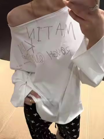 Matin Kim Vintage Graffiti Print L/S Tee Oversized Asymmetric Neck Casual Unisex