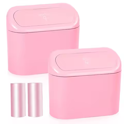 Car Trash Can 2 Pack with Lid & 60 Bags, Leakproof Mini Auto Garbage Bin for Car Home Office Pink
