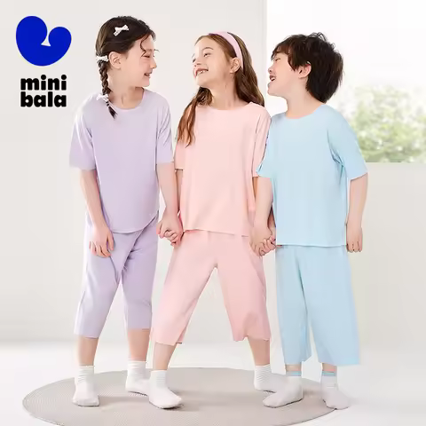 Mini Bala Boys and Girls Tencel Breathable Homewear Set Baby Skin-Friendly Pajamas for Comfortable S