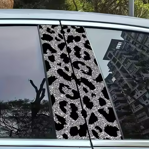 Gray-black Leopard Print 2PC Car B-pillar Protection Sticker Sunscreen Waterproof Scratch-proof Car 