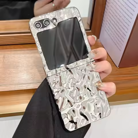 Plating Sliver Tinfoil Case For Samsung Z Flip 6 Flip 5 5G Rugged Wrinkle Cover For Samsung Galaxy Z