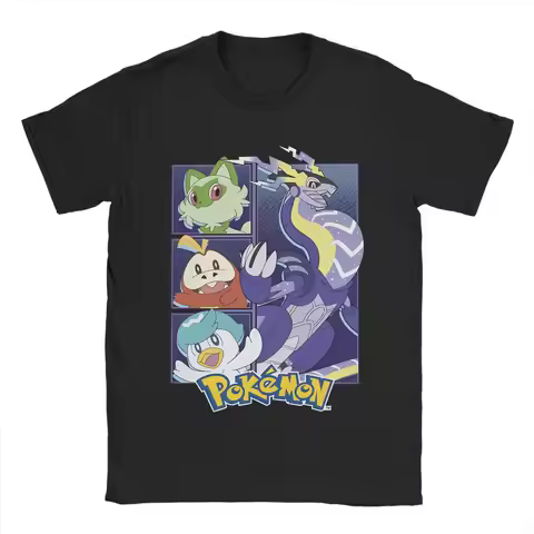 Summer Pokemon Miraidon Group Poster Trending T-Shirts Pure Cotton Tee Shirt for Couple Awesome Shor