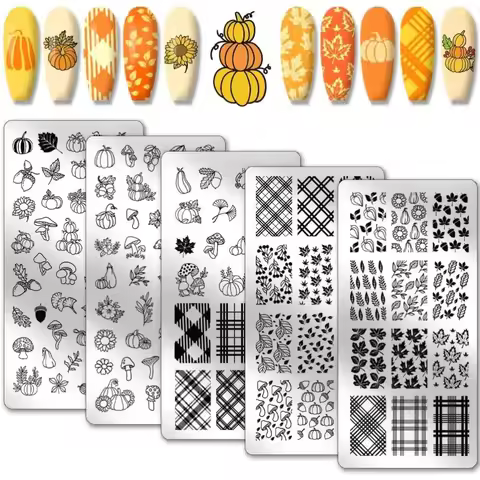 Fall Thanksgiving Nail Stamp Plates 5PCS Pumpkin Maple Nail Art Plate for Autumn Thanksgiving Day De