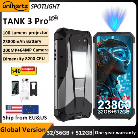 US EU MX Warehouse Unihertz Tank 3 Pro 8849 with 100 Lumens 5G Projector phone,32GB/36GB RAM,512GB R
