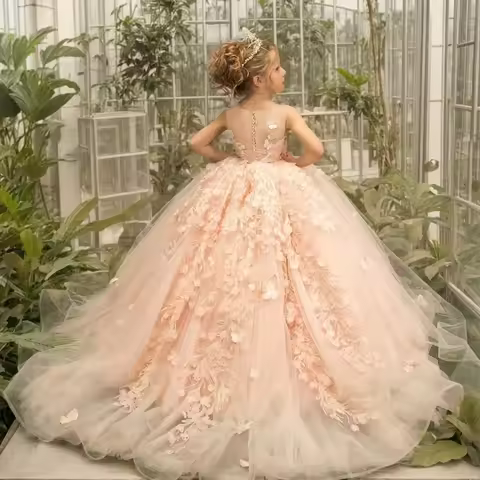 BABYONLINE 2025 Elegant 3D Lace Flower Girl Dresses for Weddings & Party I Pearl Pink Tulle Princess