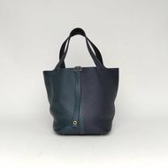 HERMES Picotin22菜籃子89黑色拼6O松柏綠拼2Z午夜藍TC皮Y刻金扣肩背包