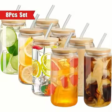 8pc, Glass Cup With Bamboo Lid And Glass Straw+Straw Brush, Exquisite Glass Cup, Essential For Furni