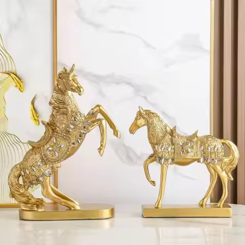 Golden Horse Statue Decoration, Country Carved Horse Statue Decoration Gift Table Resin Horse Statue