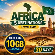 South Africa/Africa 5 Countries Trave Data eSIM Card with Unlimited 10GB for 30 Day High-Speed Data 