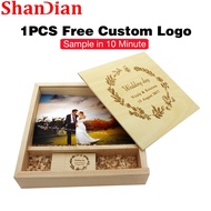 SHANDIAN (1PCS Free Logo) USB 2.0 Flash Drive 128GB Big Wooden Box Pendrive 64GB Photography Pen Drive 32GB Laser Engraving Flashdrive 16GB Wedding Gift Thumbdrive 8GB 4GB