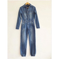 Long-Sleeved Long-Legged Denim Overalls With Elastic Waistband Slightly Stretchy Fabric Bust 34" Wai