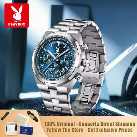 PLAYBOY 3111 Brand Original Authentic Chronograph Calendar Multifunctional Luminous Stainless Steel 