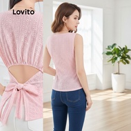 Lovito Atasan Wanita Santai Bordir Carvedout Musim Semi/Panas Pink L155ED539