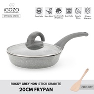 iGOZO Rocky Grey Non-Stick Granite Cookware (18cm Saucepan / 20cm Frying Pan / 24cm Frying Pan / 24cm Casserole Pot / 30cm Stir-Fry Wok) [Free Wooden Spatula]